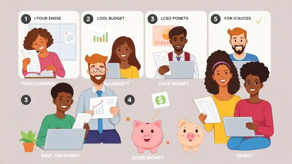 Imagen que ilustra herramientas financieras, gráficos y elementos digitales para gestionar el dinero, representando estrategias efectivas para el control financiero en 2025.