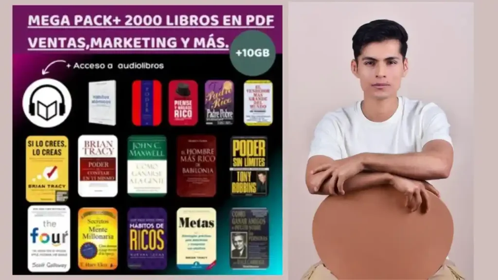 Collage digital que muestra portadas de libros y audiolibros enfocados en ventas, marketing, superación personal y crecimiento.